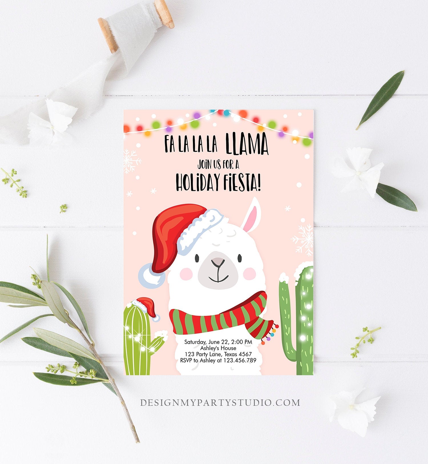 Editable Llama Christmas Party Invitation Cactus Mexican Holiday Fiesta Xmas Fa La La Sweater Party Download Printable Corjl Template 0273