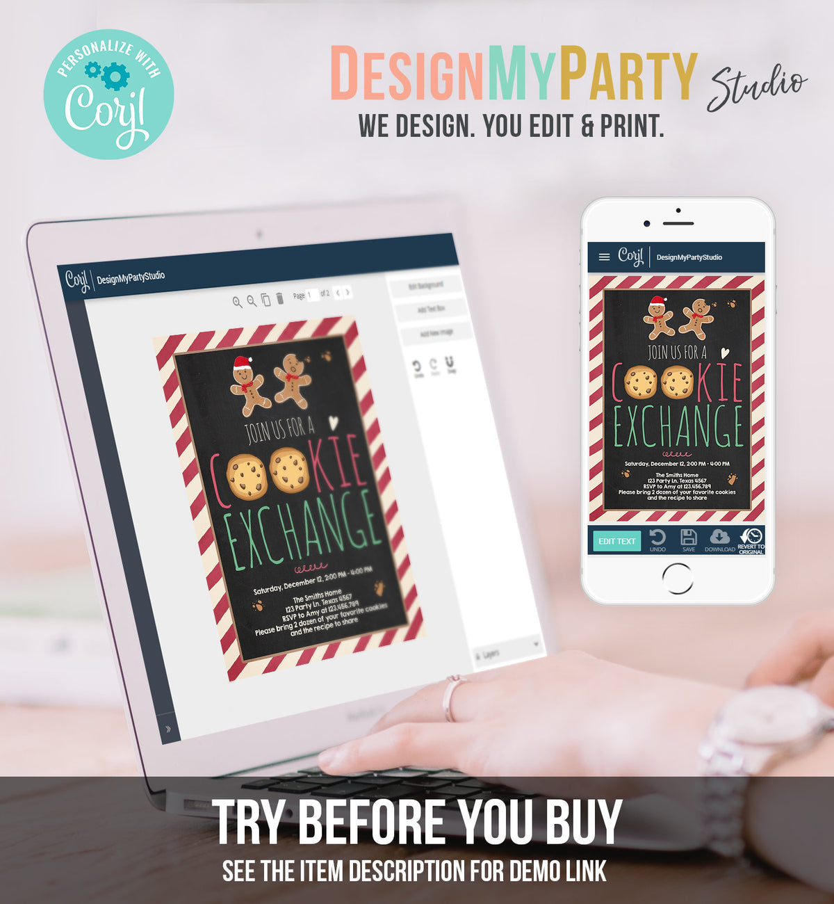 Editable Cookie Exchange Invitation Christmas Party Invitation Cookie Party Gingerbread Download Printable Invitation Template Corjl 0111