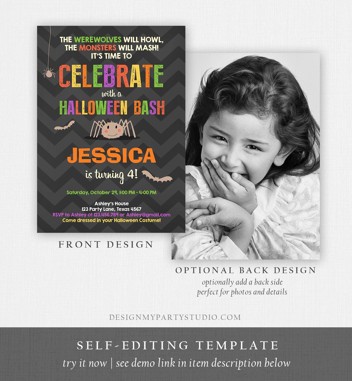 Editable Halloween Birthday Invitation Costume Party Spider Girl Download Printable Invite Template Editable Corjl Digital 0257