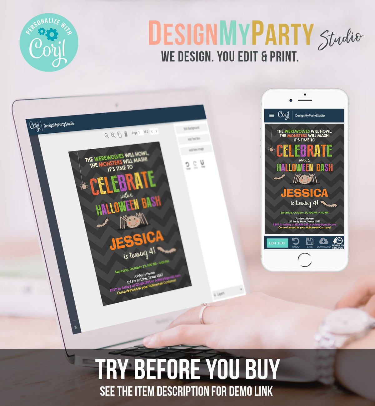 Editable Halloween Birthday Invitation Costume Party Spider Girl Download Printable Invite Template Editable Corjl Digital 0257