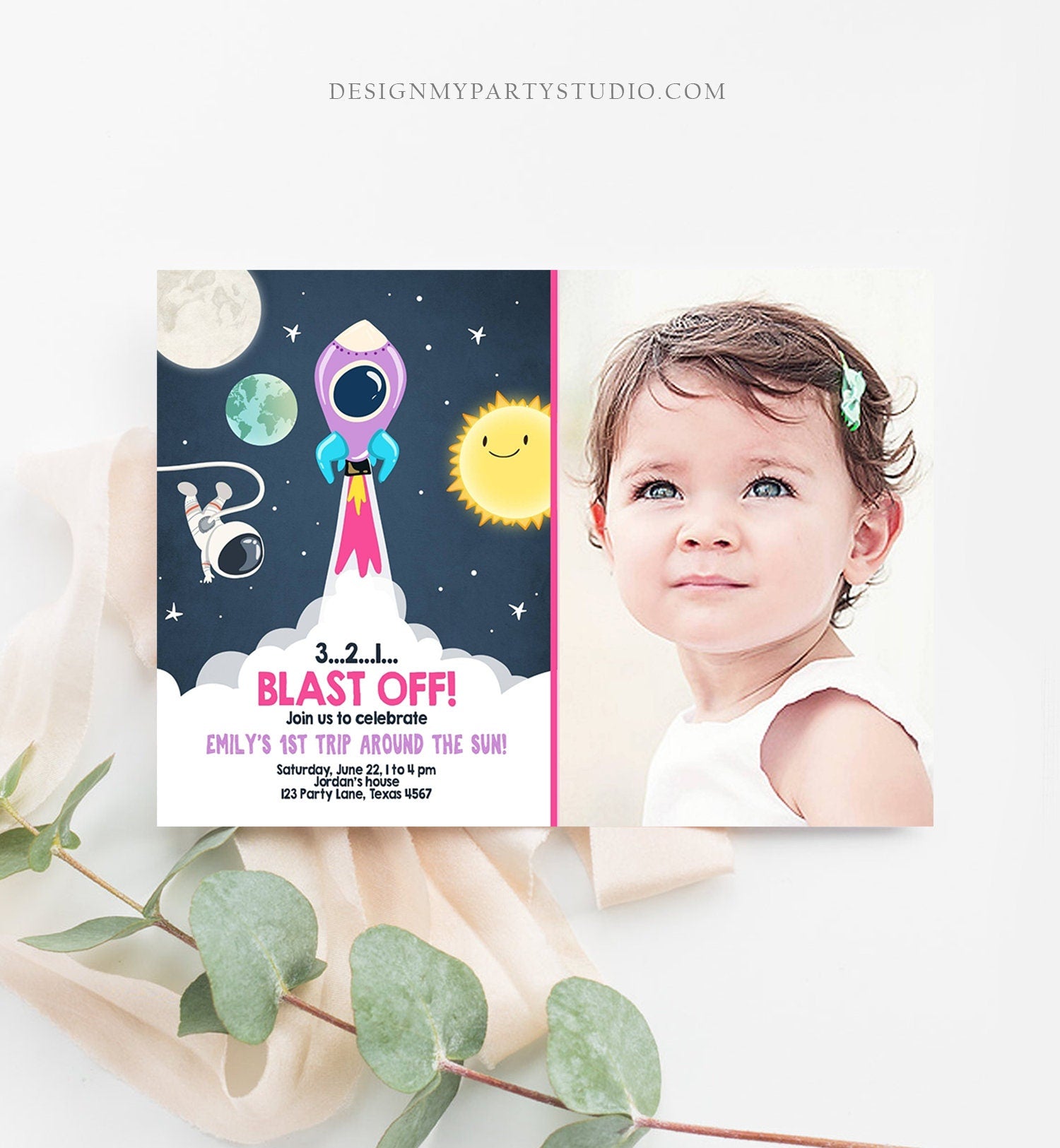 Editable Outer Space Birthday Invitation Girl Rocket Astronaut First Birthday Blast Off Download Printable Template Digital Corjl 0046