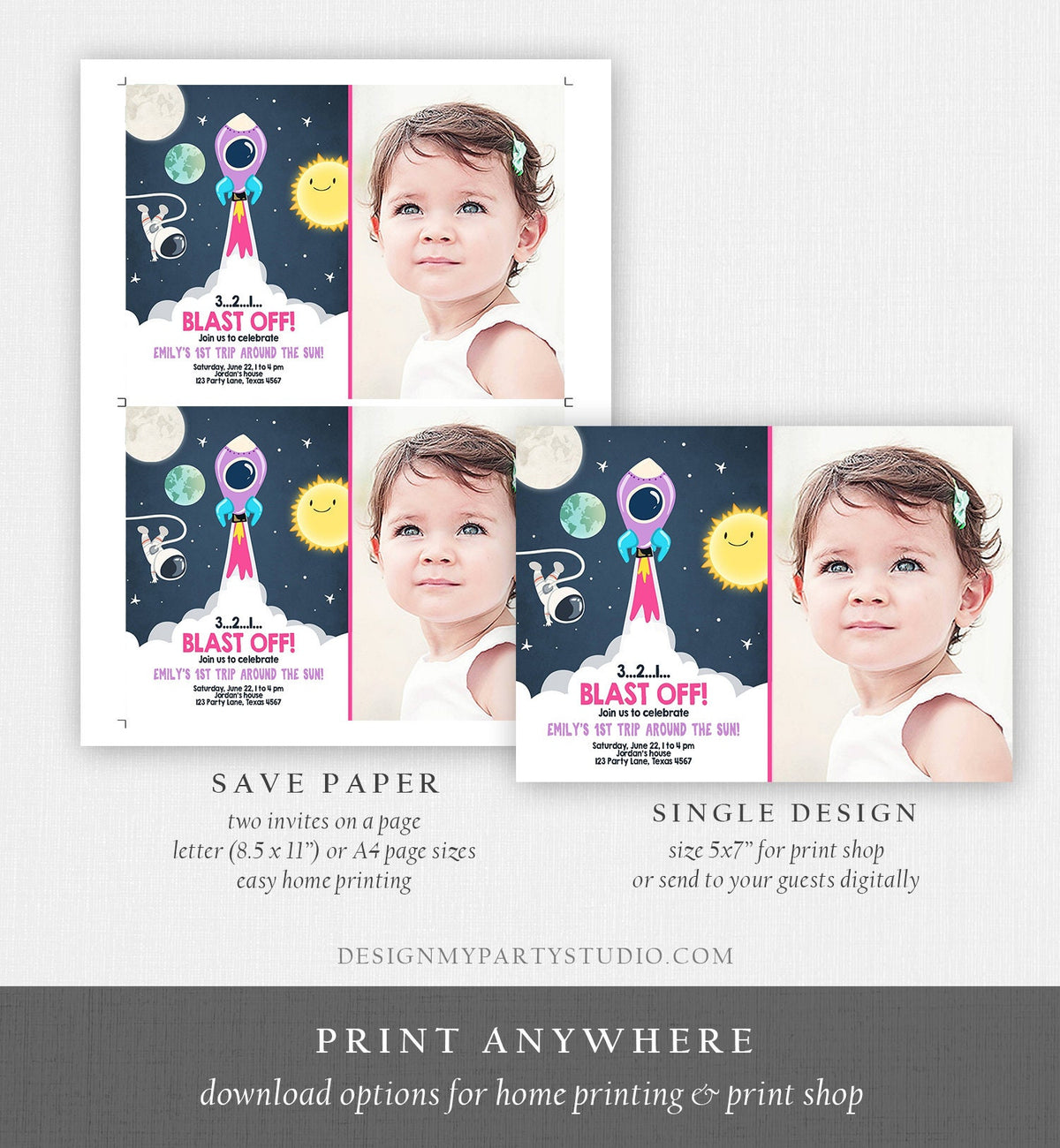 Editable Outer Space Birthday Invitation Girl Rocket Astronaut First Birthday Blast Off Download Printable Template Digital Corjl 0046