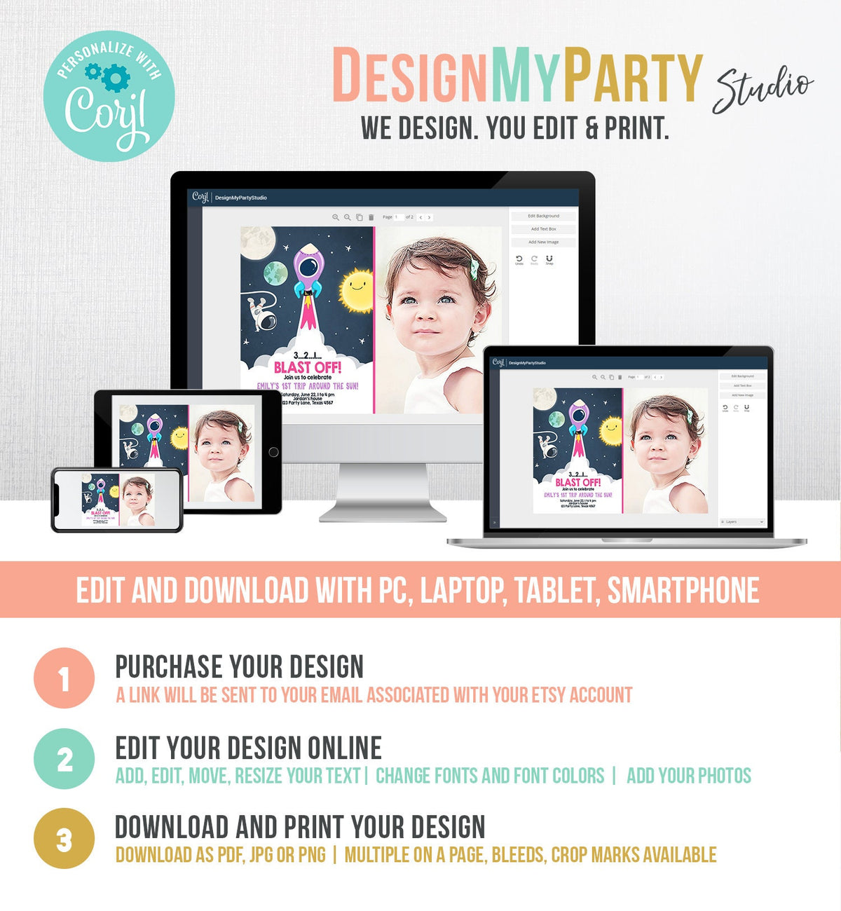 Editable Outer Space Birthday Invitation Girl Rocket Astronaut First Birthday Blast Off Download Printable Template Digital Corjl 0046