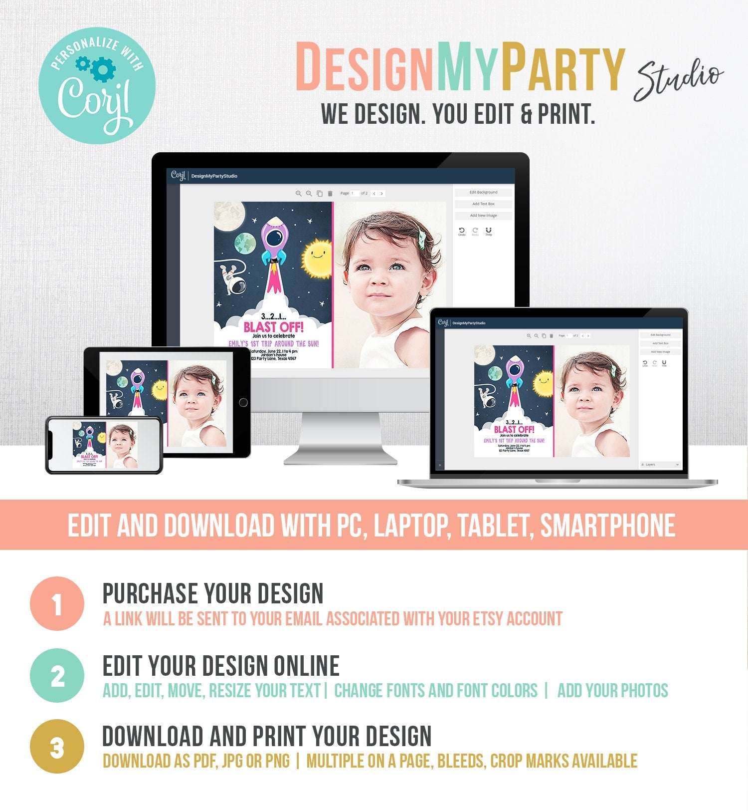 Editable Outer Space Birthday Invitation Girl Rocket Astronaut First Birthday Blast Off Download Printable Template Digital Corjl 0046