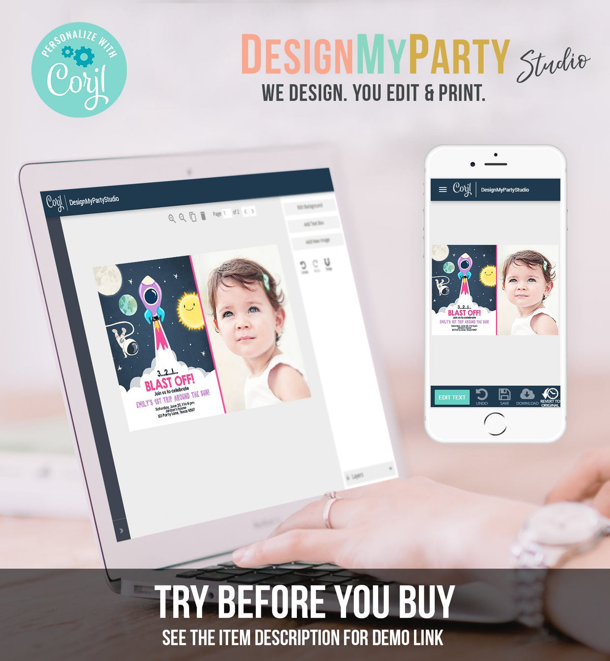 Editable Outer Space Birthday Invitation Girl Rocket Astronaut First Birthday Blast Off Download Printable Template Digital Corjl 0046