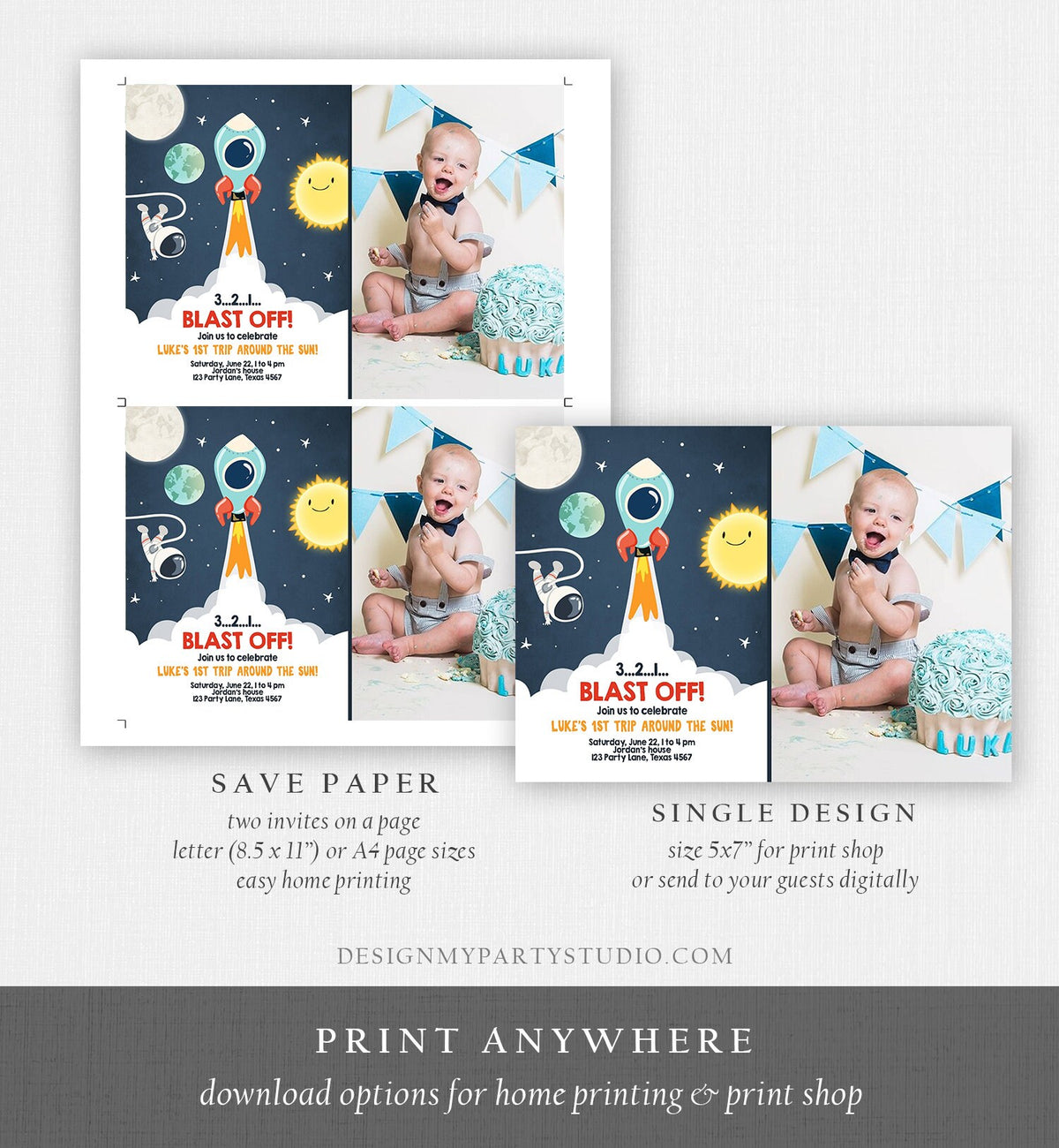 Editable Outer Space Birthday Invitation Rocket Astronaut Birthday Space Ship Blast Off Download Printable Template Digital Corjl 0046