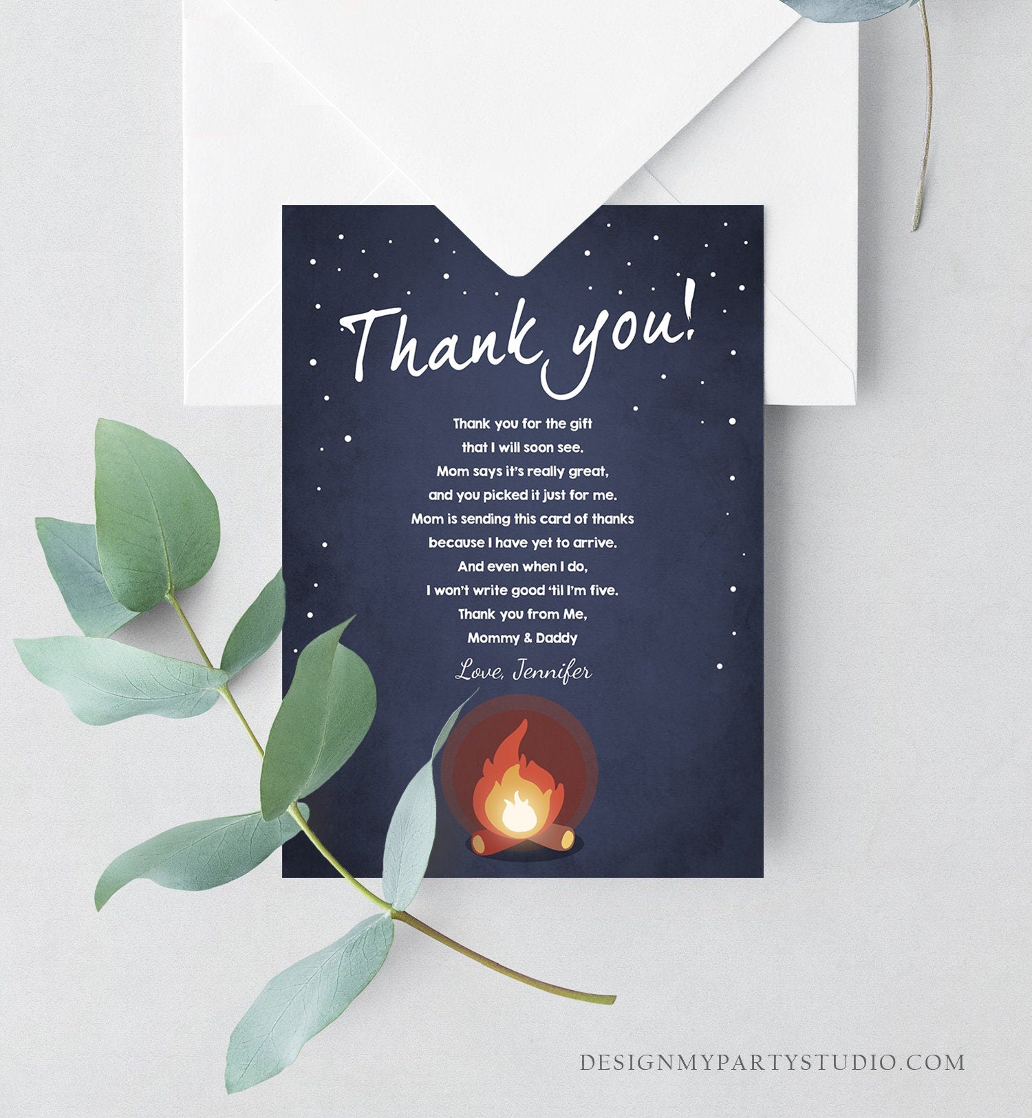 Editable Thank You Card Movie Night Outdoor Campfire Camping Under the Stars Blue Sky Midnight Fire Printable Corjl Template Digital 0268