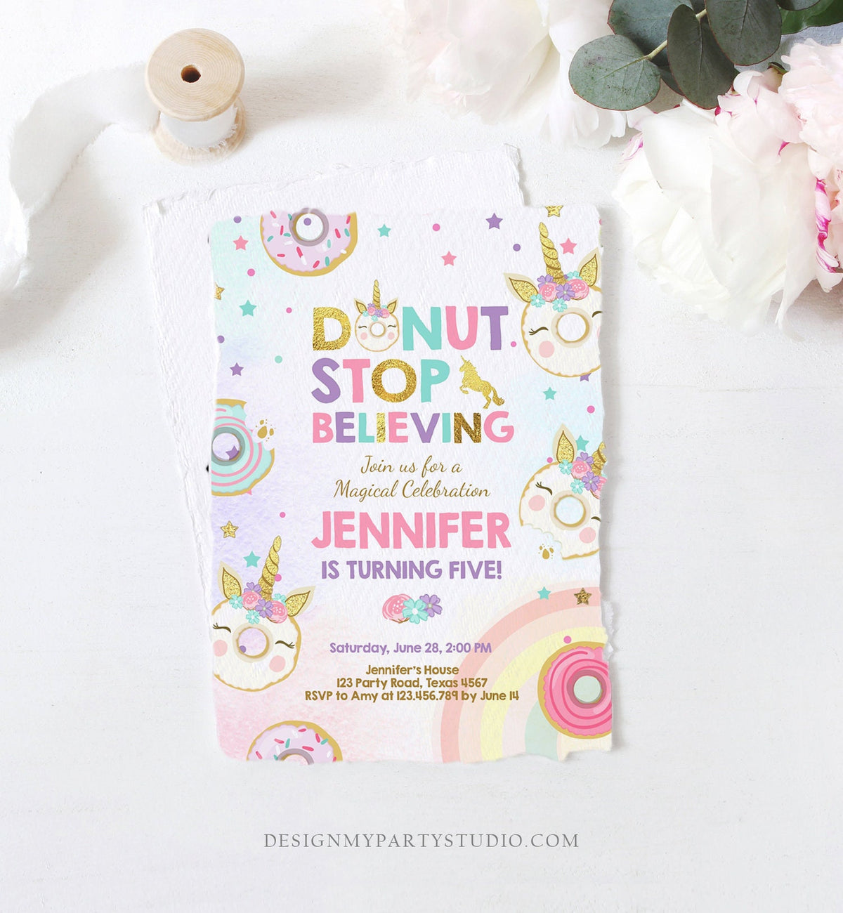 Editable Unicorn Donut Birthday Invitation Donut Stop Believing Magical Rainbow Girl Pink Purple Gold Glitter Printable Corjl Template 0041