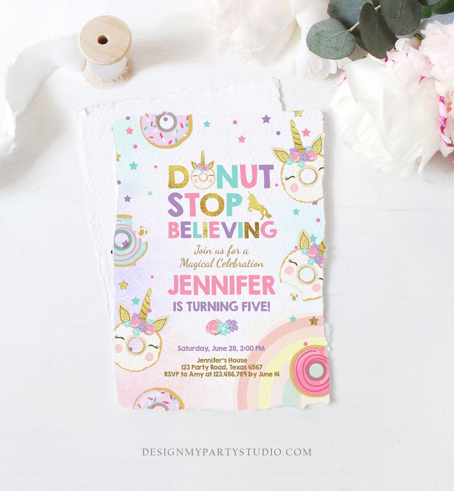 Editable Unicorn Donut Birthday Invitation Donut Stop Believing Magical Rainbow Girl Pink Purple Gold Glitter Printable Corjl Template 0041