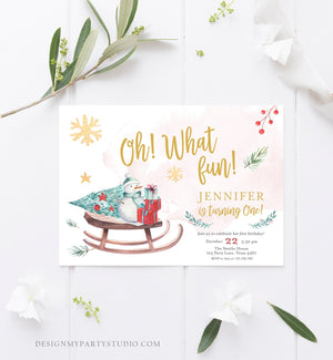 Editable Oh What Fun! Holiday First Birthday Invitation Winter Christmas Party Turning One Sleigh Trees Girl Gold Printable Template 0193
