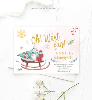 Editable Oh What Fun! Holiday First Birthday Invitation Winter Christmas Party Turning One Sleigh Trees Girl Gold Printable Template 0193