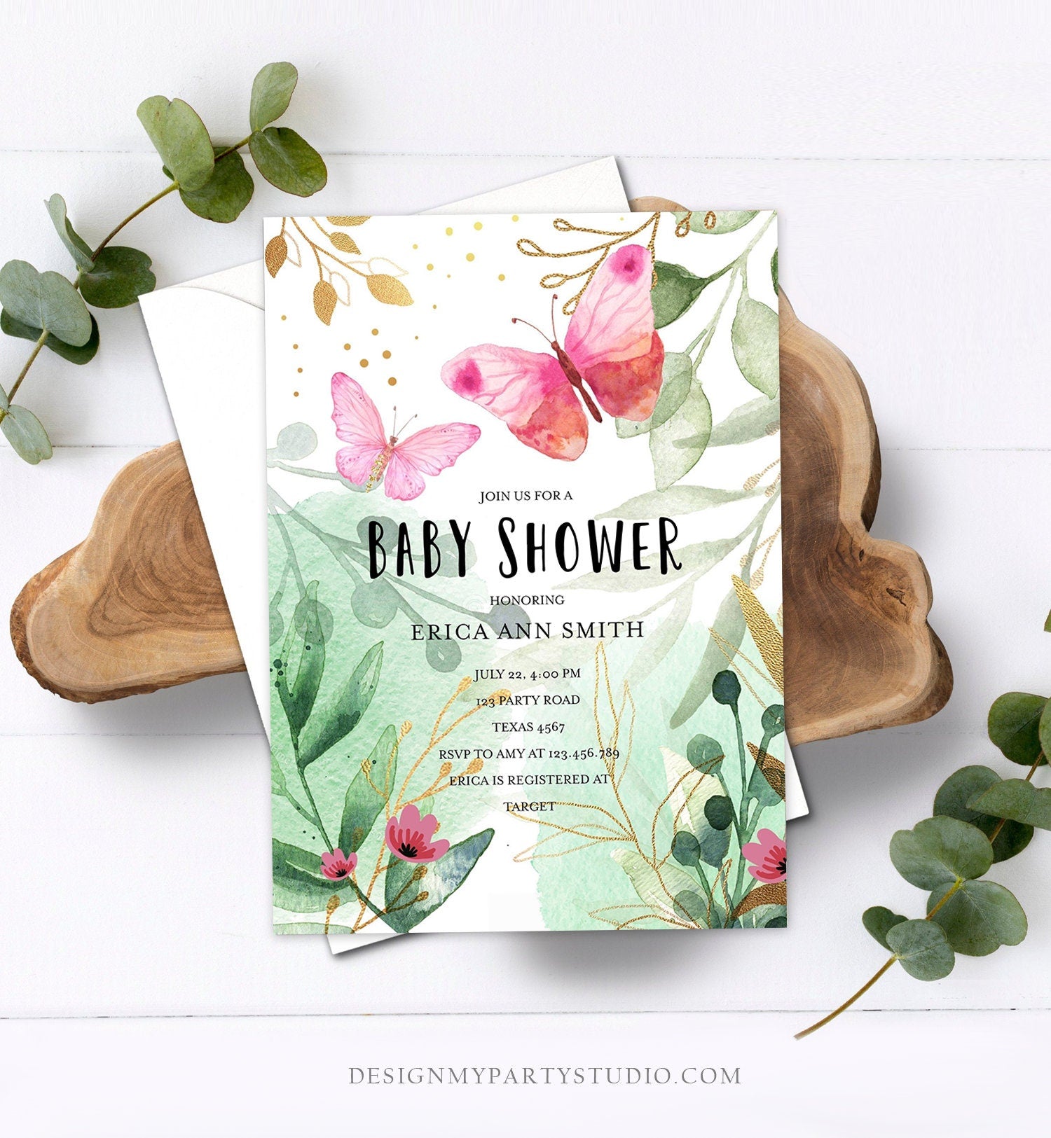 Editable Butterfly Baby Shower Invitation Pink and Gold Greenery Garden Tea Party Gender Neutral Invitation Template Download Corjl 0170