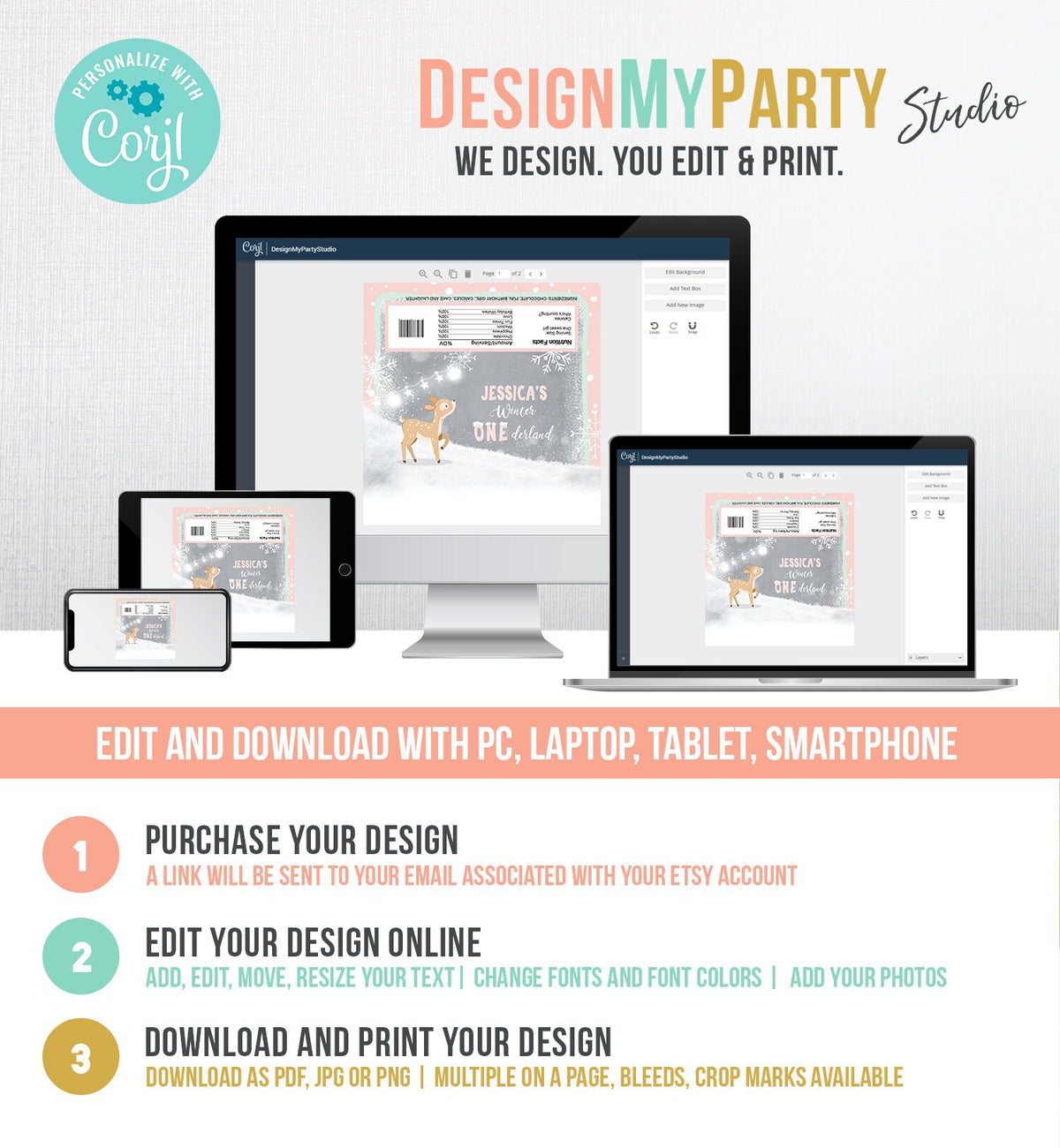 Editable Candy Bar Wrapper Winter Onederland Deer Pink Girl Candy Bar Wrapper Birthday Favors Snowflakes Deer Template PRINTABLE Corjl 0109