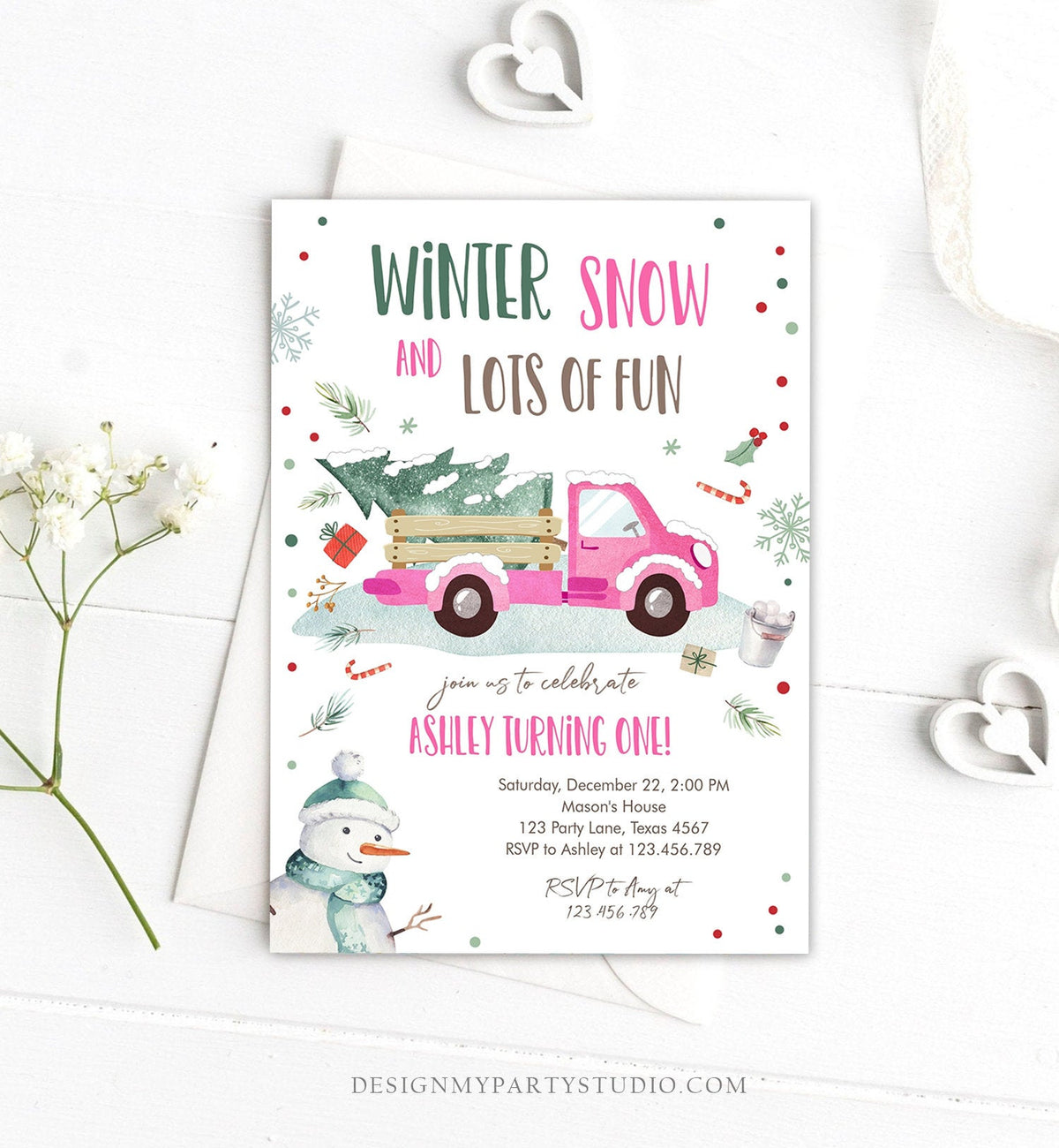 Editable ANY AGE Winter Birthday Invitation Girl Pink Truck Birthday Party Winter Onederland Download Printable Invite Template Corjl 0278