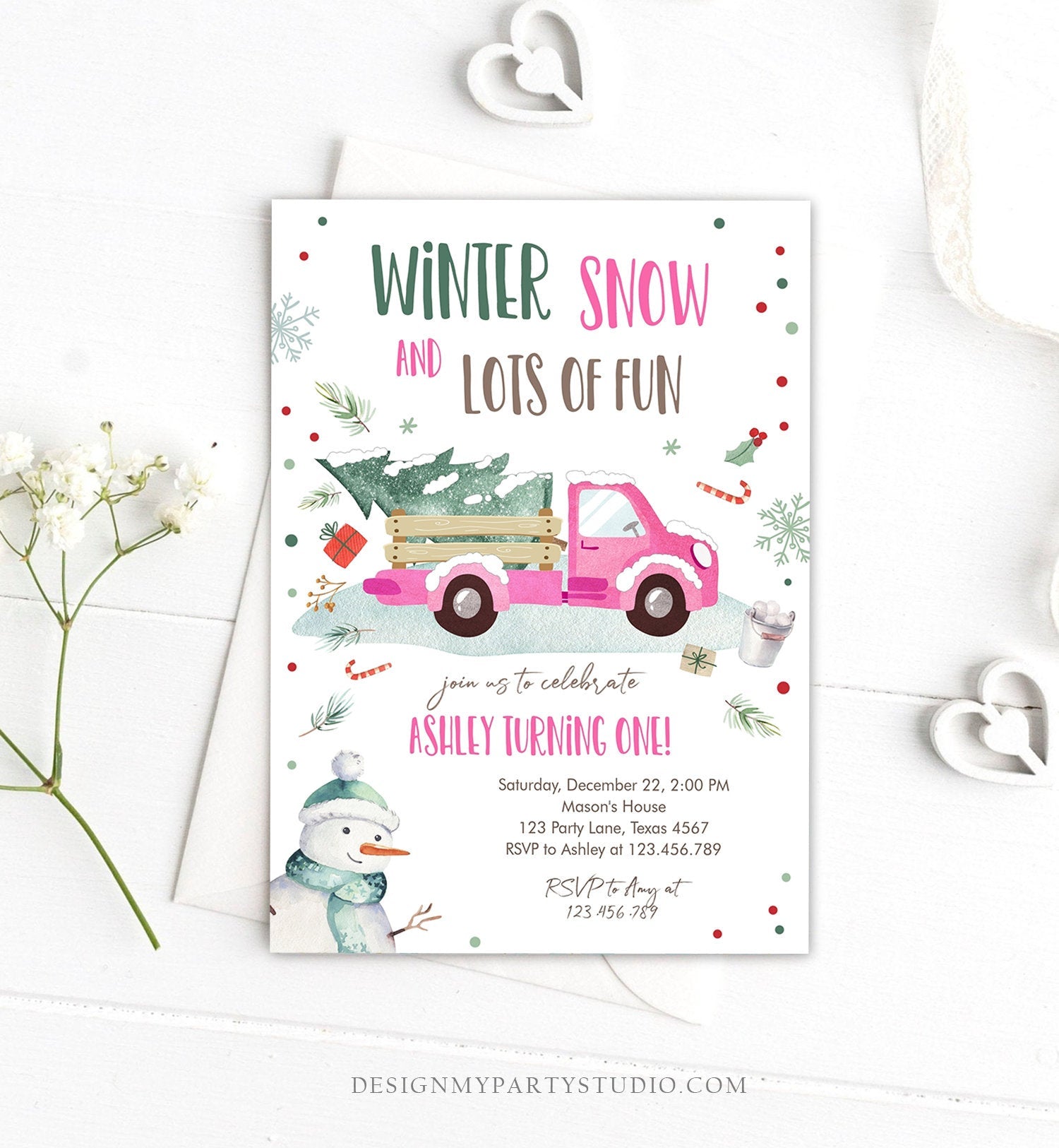 Editable ANY AGE Winter Birthday Invitation Girl Pink Truck Birthday Party Winter Onederland Download Printable Invite Template Corjl 0278