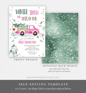 Editable ANY AGE Winter Birthday Invitation Girl Pink Truck Birthday Party Winter Onederland Download Printable Invite Template Corjl 0278