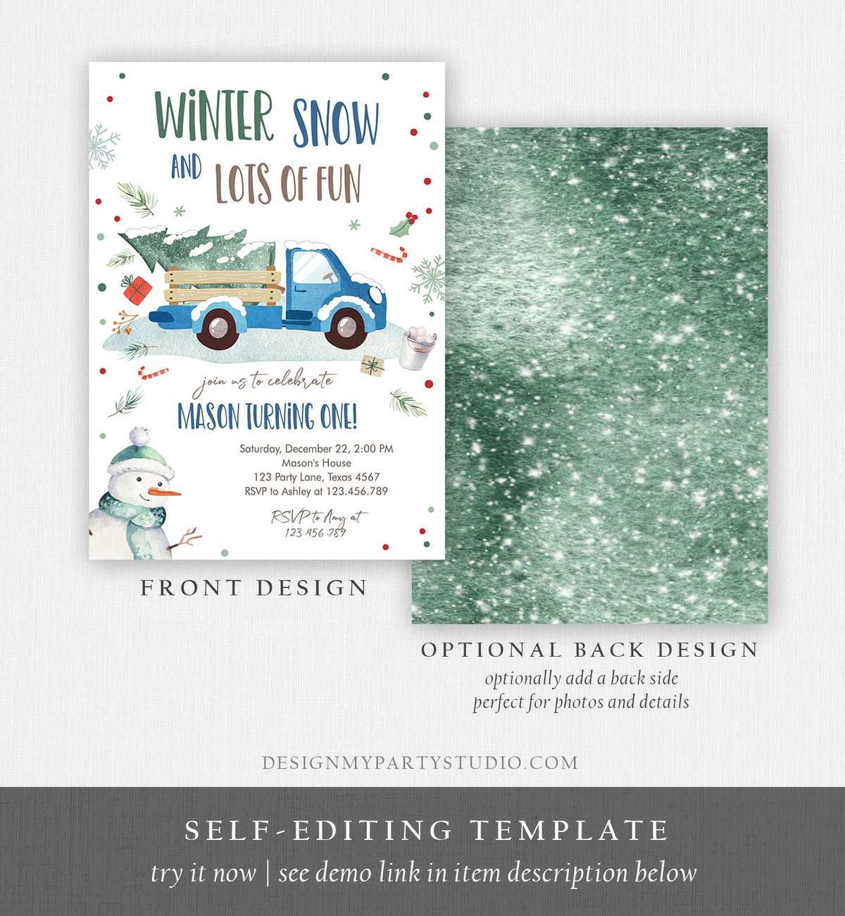 Editable ANY AGE Winter Birthday Invitation Boy Blue Truck Birthday Party Winter Onederland Download Printable Invite Template Corjl 0278