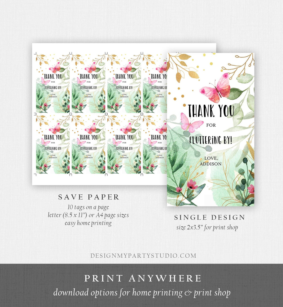 Editable Butterfly Favor Tags Butterfly Birthday Thank you tags Garden Shower Pink Gold Fluttering By Floral Template Corjl PRINTABLE 0170
