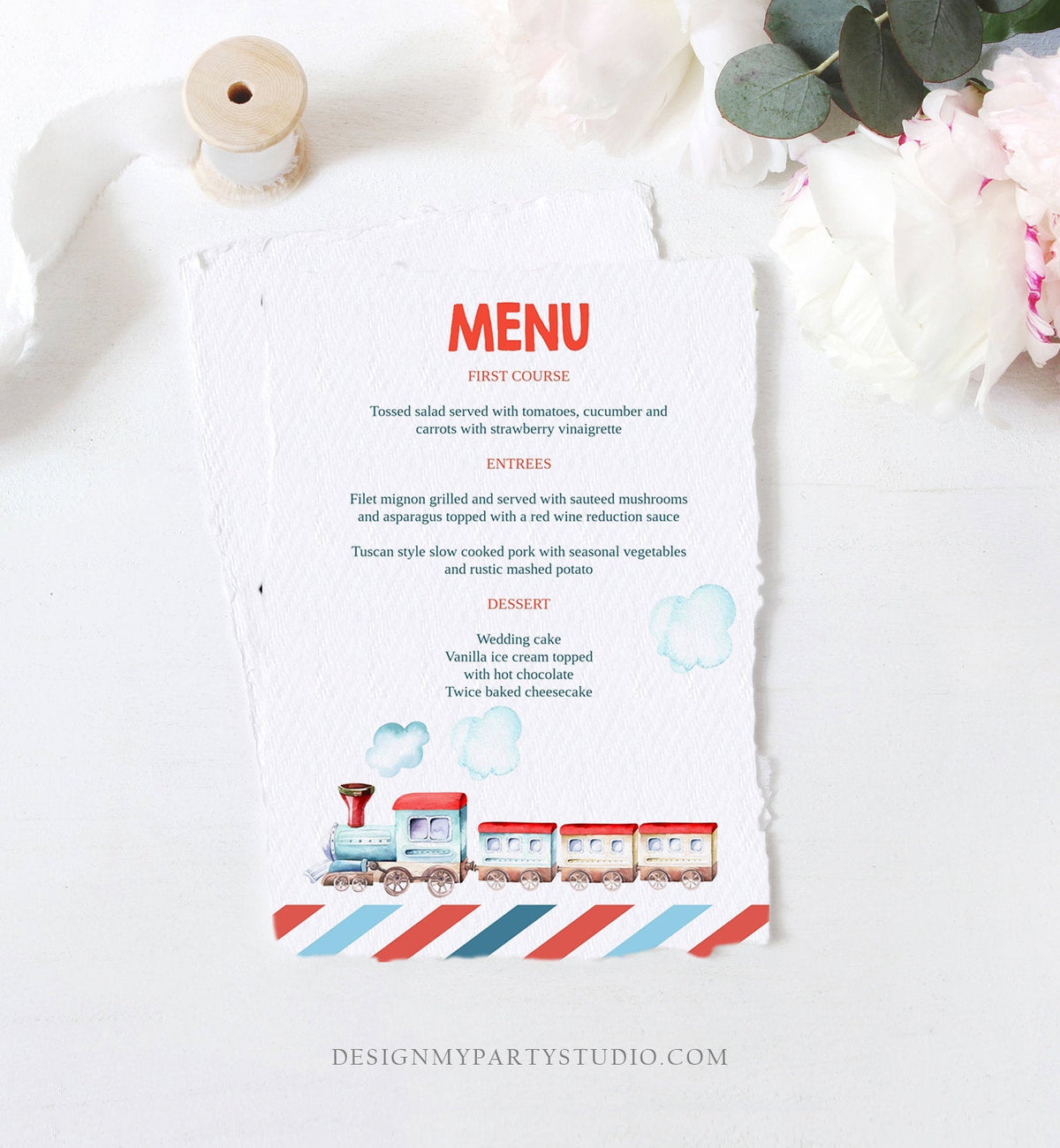 Editable Menu Card Train Birthday Train Decor Vintage Train Table Setting Railroad Instant Download Printable Menu Template Corjl 0149