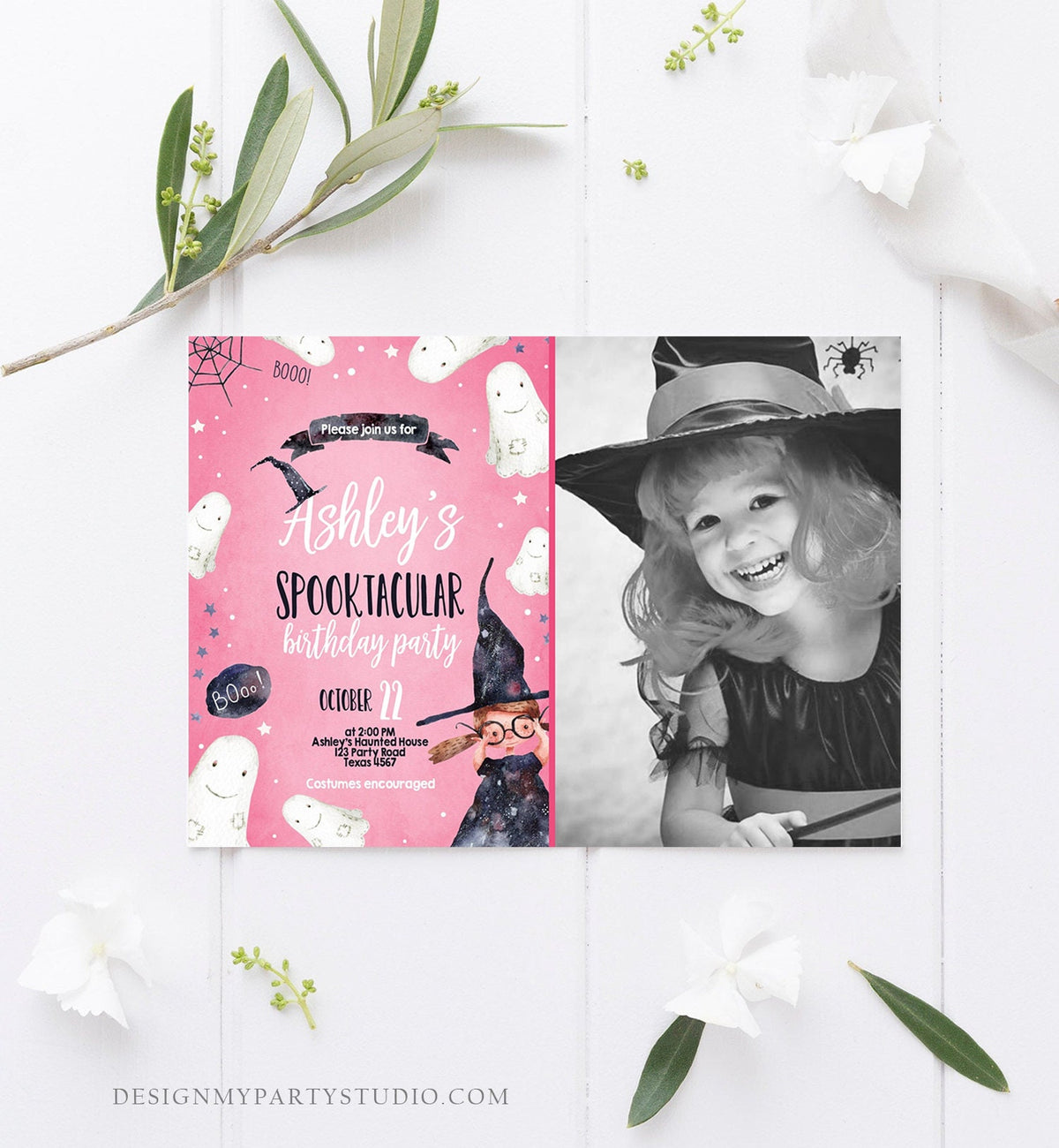 Editable Halloween Birthday Invitation Costume Party Girl Pink Kids Spooktacular Party Witch Hat Download Printable Template Corjl 0260