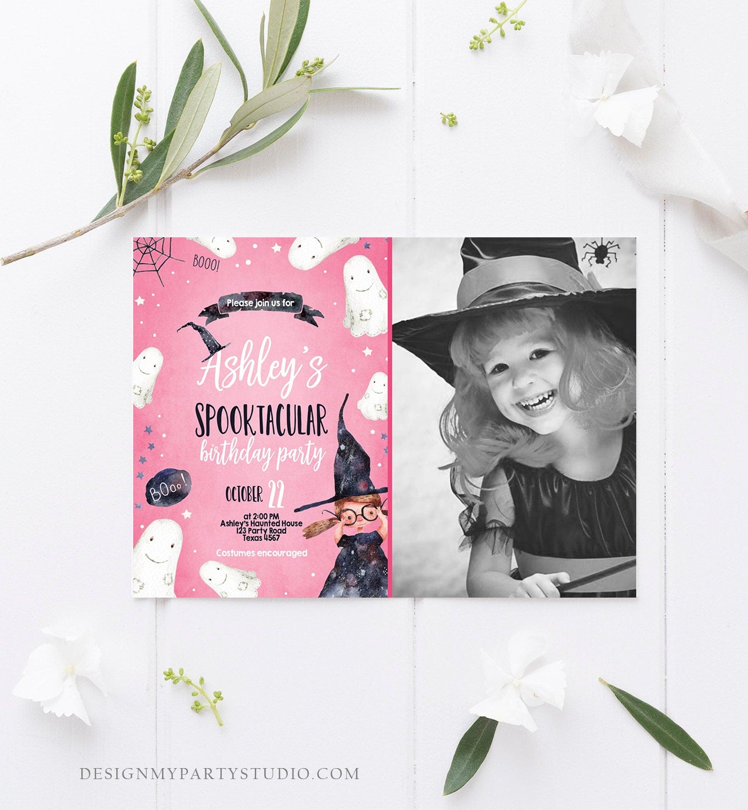 Editable Halloween Birthday Invitation Costume Party Girl Pink Kids Spooktacular Party Witch Hat Download Printable Template Corjl 0260