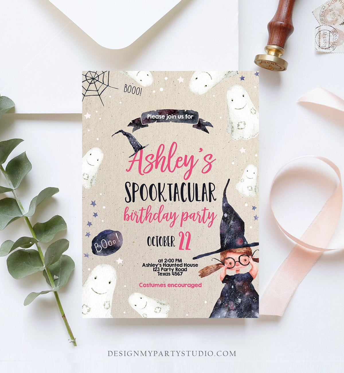 Editable Halloween Birthday Invitation Costume Party Girl Pink Kids Spooktacular Party Witch Hat Download Printable Template Corjl 0260