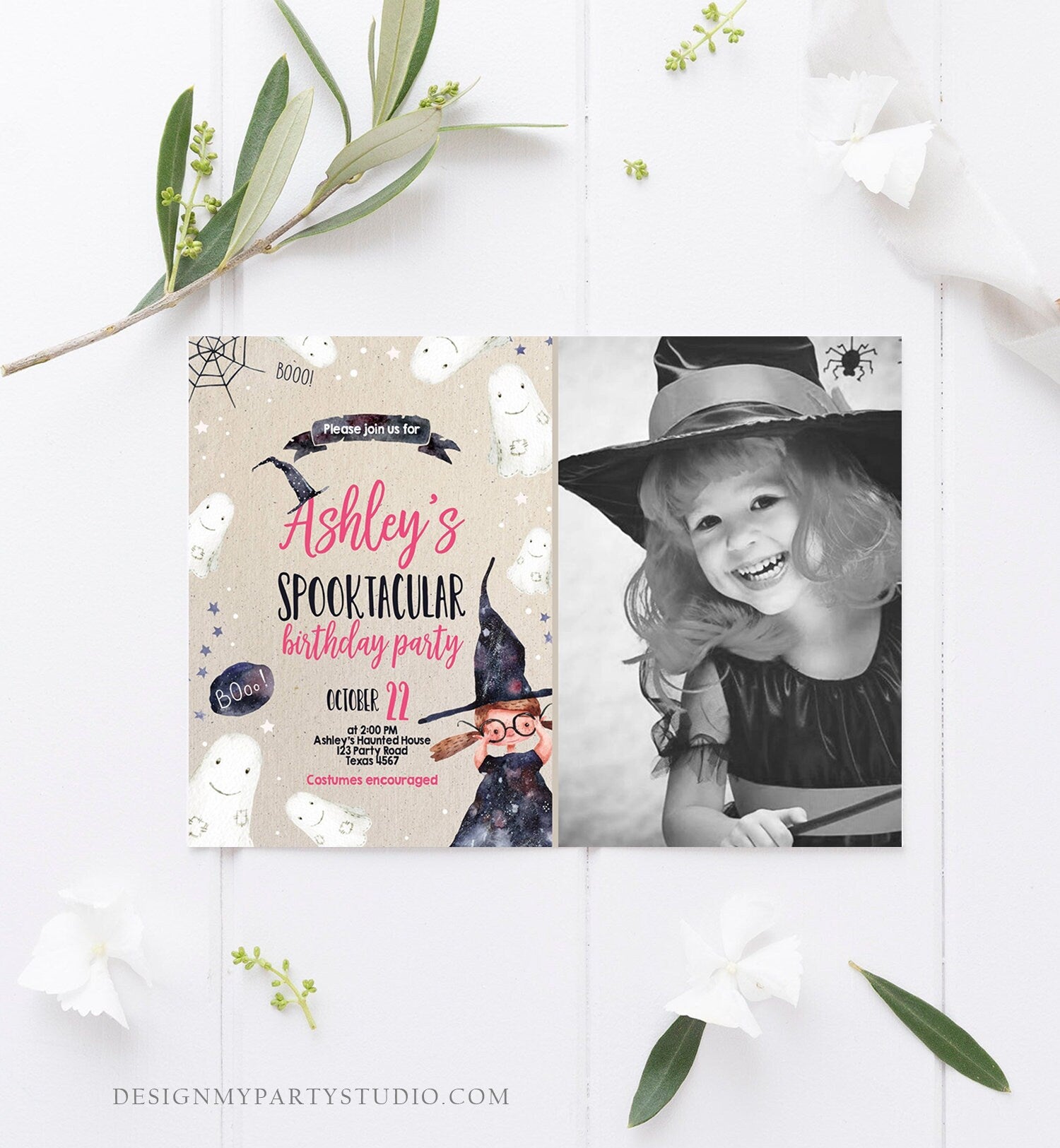 Editable Halloween Birthday Invitation Costume Party Girl Pink Kids Spooktacular Party Witch Hat Download Printable Template Corjl 0260