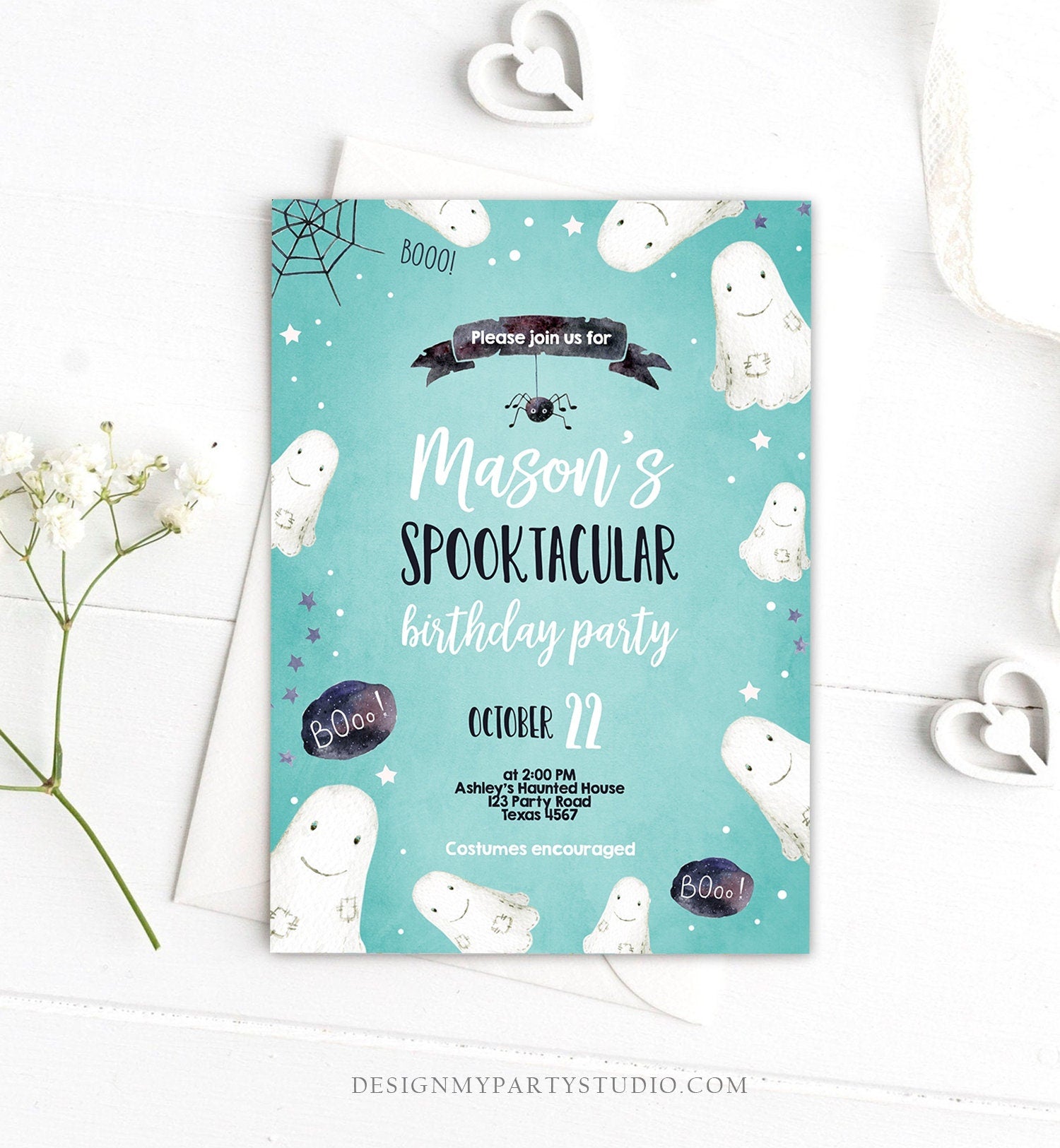 Editable Spooktacular Halloween Birthday Invitation Costume Party Boy Blue Kids Party Spider Boo Download Printable Template Corjl 0260