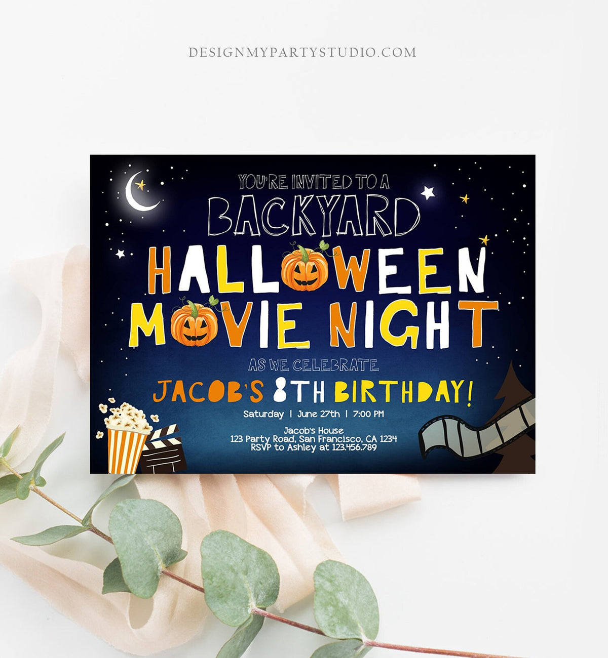 Editable Halloween Movie Night Birthday Invitation Outdoor Backyard Scary Movie Party Popcorn Spooktacular Pumpkin Template Corjl 0180