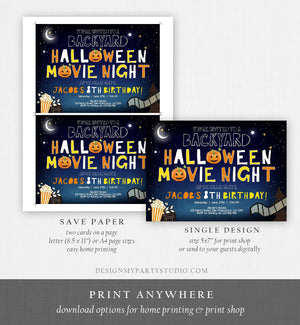 Editable Halloween Movie Night Birthday Invitation Outdoor Backyard Scary Movie Party Popcorn Spooktacular Pumpkin Template Corjl 0180