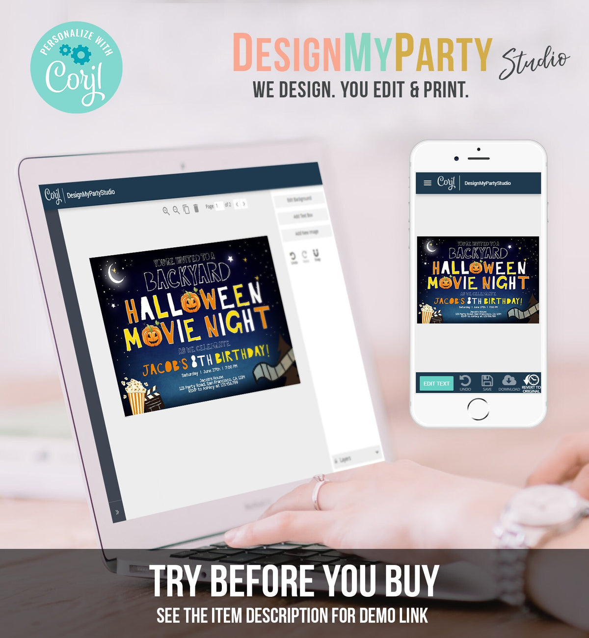 Editable Halloween Movie Night Birthday Invitation Outdoor Backyard Scary Movie Party Popcorn Spooktacular Pumpkin Template Corjl 0180