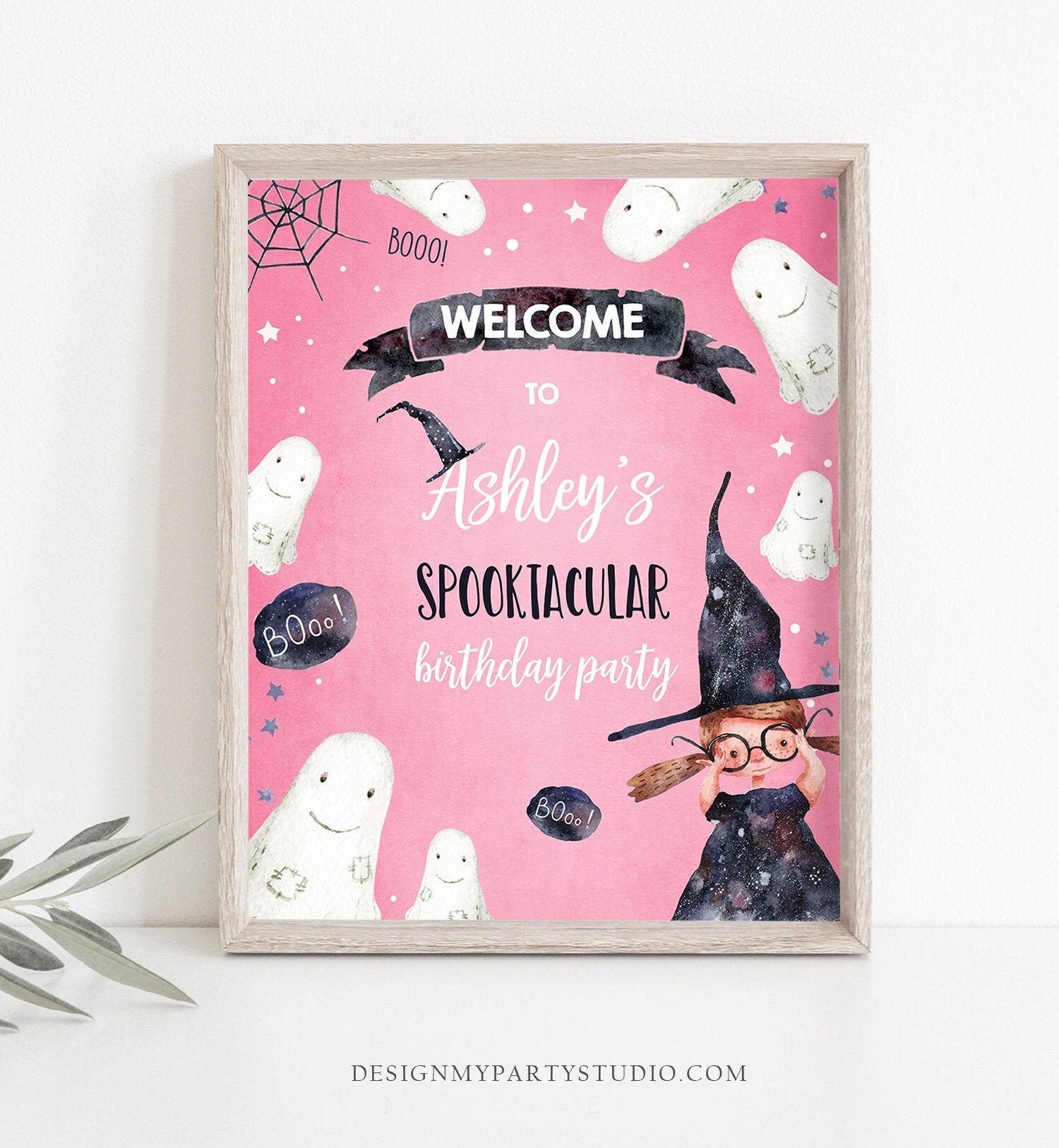 Editable Spooktacular Halloween Birthday Welcome Sign Costume Party Girl Pink Kids Witch Hat Party Download Printable Template Corjl 0260