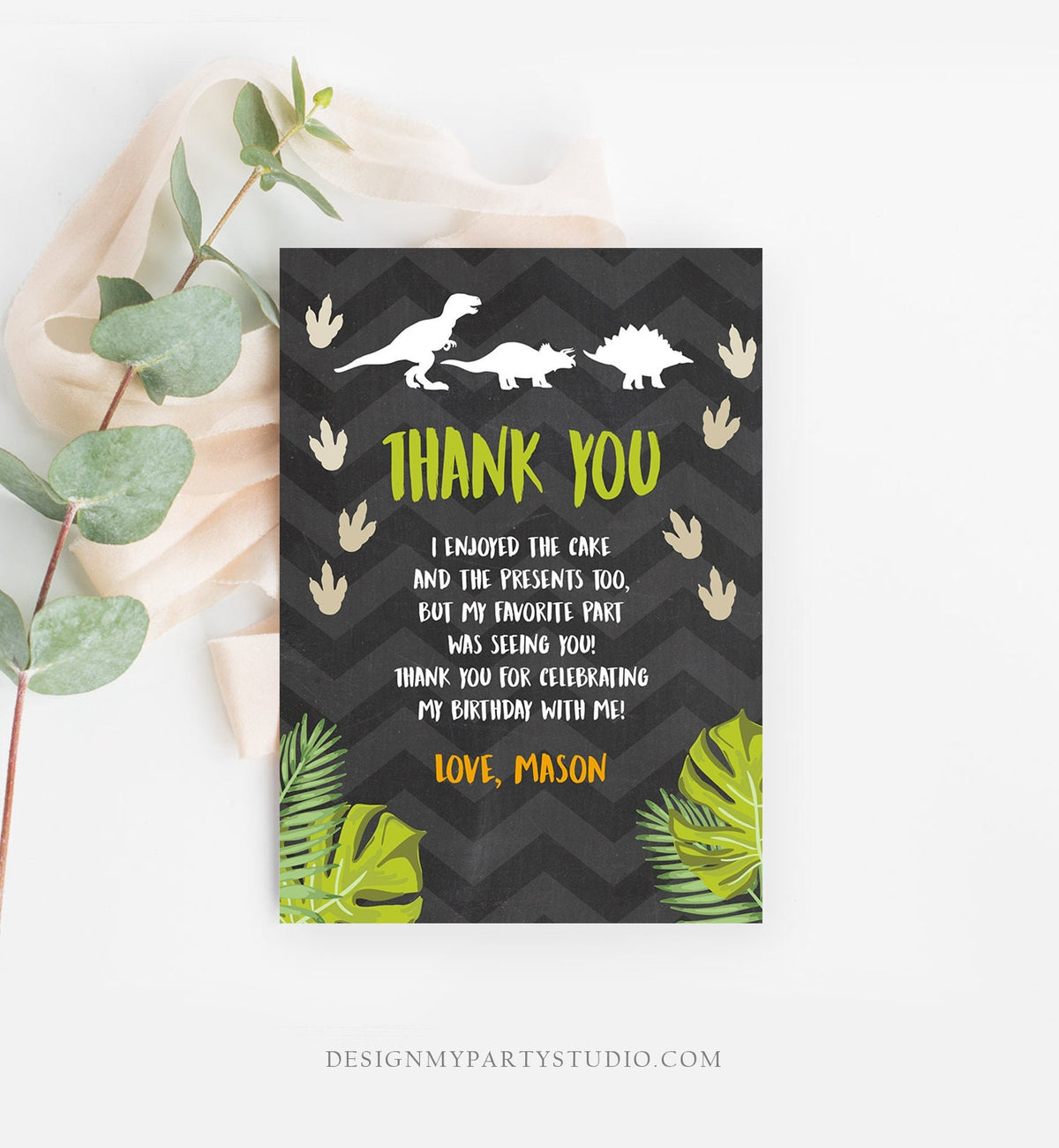Editable Dinosaur Thank You Card Boy Prehistoric Dino Dig Party T-Rex Note Photo Chalk Digital Download Printable Template Corjl 0043