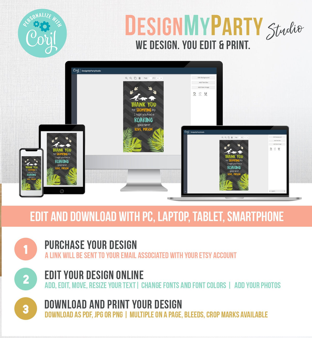 Editable Dinosaur Favor Tags Thank You For Stomping By Dino Chalk Boy Birthday Party Instant Digital Download Template Corjl Printable 0043