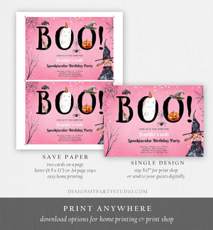 Editable Halloween Birthday Invitation Costume Party Girl Pink Kids Spooktacular Witch Hat Party Download Printable Template Corjl 0261