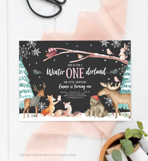 Editable ANY AGE Winter ONEderland Birthday Invitation First Birthday Snowflake Girl Pink Woodland Animals Printable Template Corjl 0195