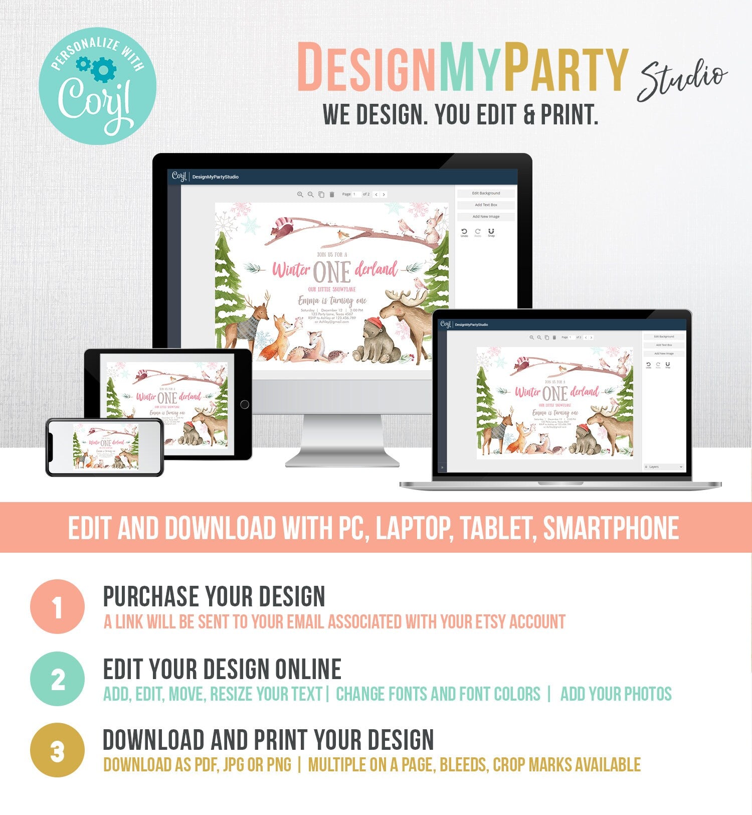 Editable ANY AGE Winter ONEderland Birthday Invitation First Birthday Snowflake Girl Pink Woodland Animals Printable Template Corjl 0195