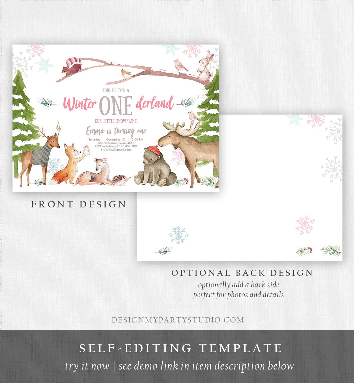 Editable ANY AGE Winter ONEderland Birthday Invitation First Birthday Snowflake Girl Pink Woodland Animals Printable Template Corjl 0195