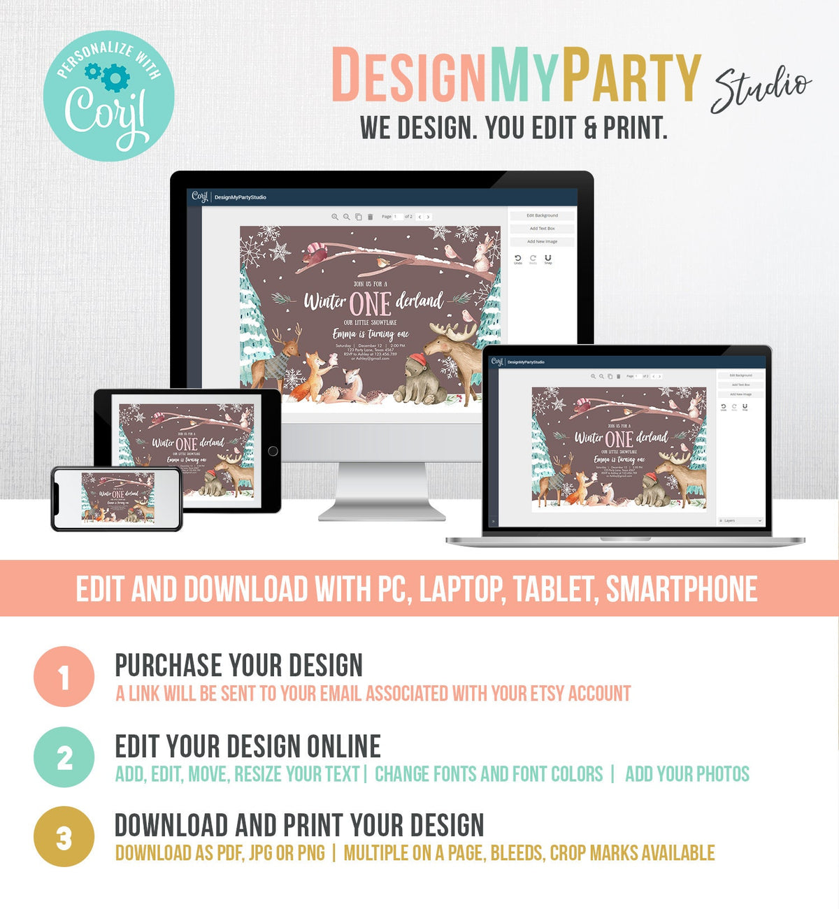 Editable ANY AGE Winter ONEderland Birthday Invitation First Birthday Snowflake Girl Pink Woodland Animals Printable Template Corjl 0195