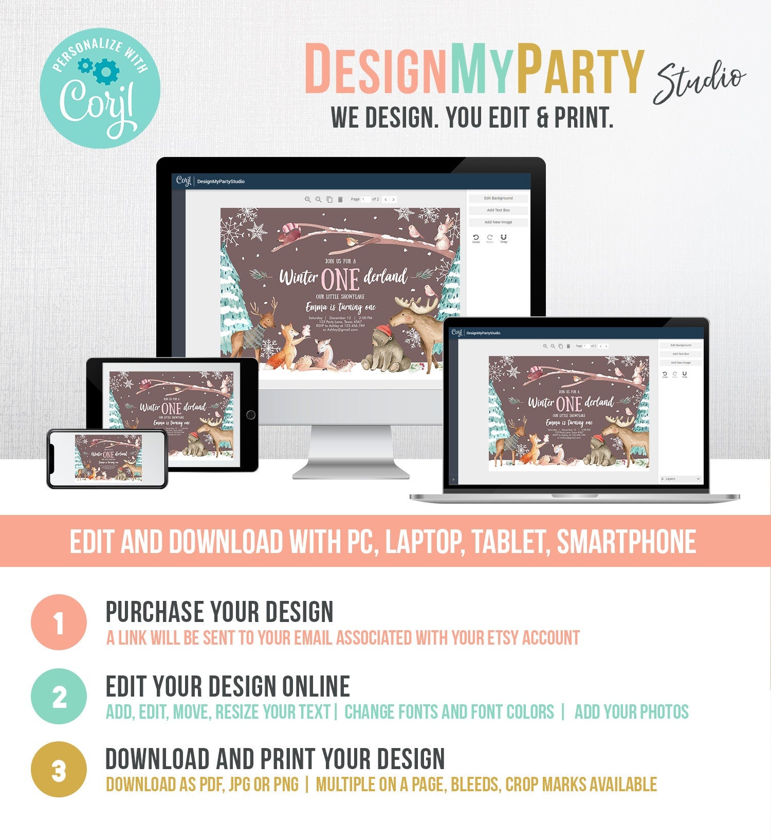 Editable ANY AGE Winter ONEderland Birthday Invitation First Birthday Snowflake Girl Pink Woodland Animals Printable Template Corjl 0195