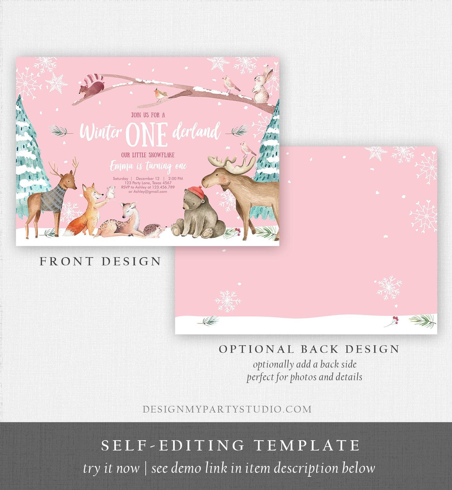 Editable ANY AGE Winter ONEderland Birthday Invitation First Birthday Snowflake Girl Pink Woodland Animals Printable Template Corjl 0195