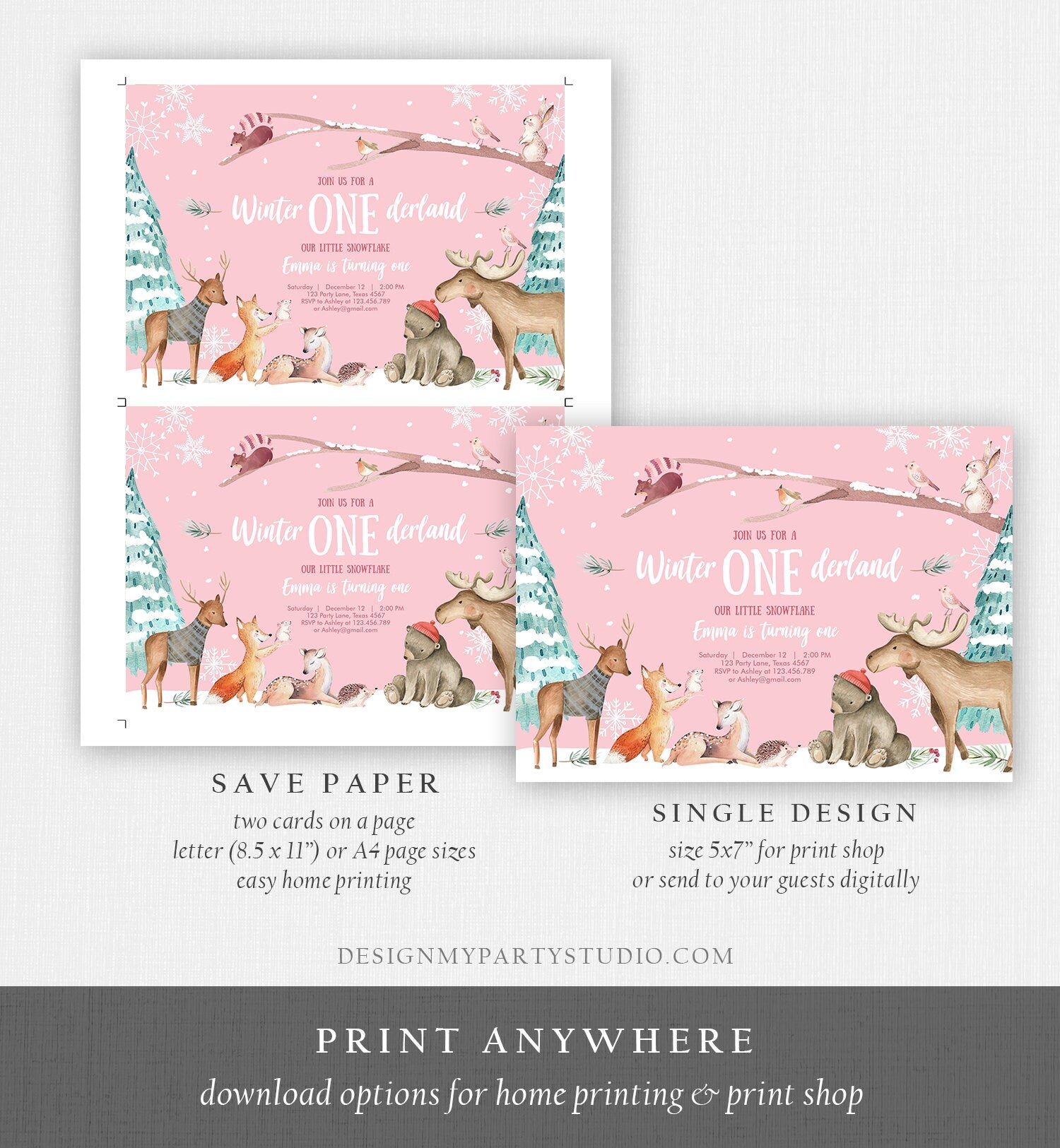Editable ANY AGE Winter ONEderland Birthday Invitation First Birthday Snowflake Girl Pink Woodland Animals Printable Template Corjl 0195