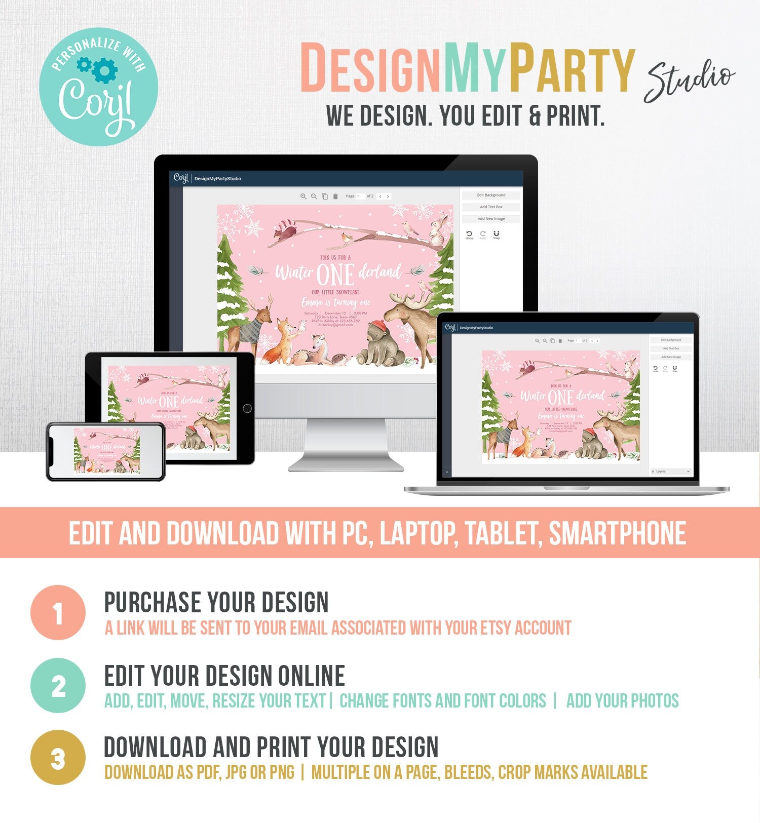 Editable ANY AGE Winter ONEderland Birthday Invitation First Birthday Snowflake Girl Pink Woodland Animals Printable Template Corjl 0195