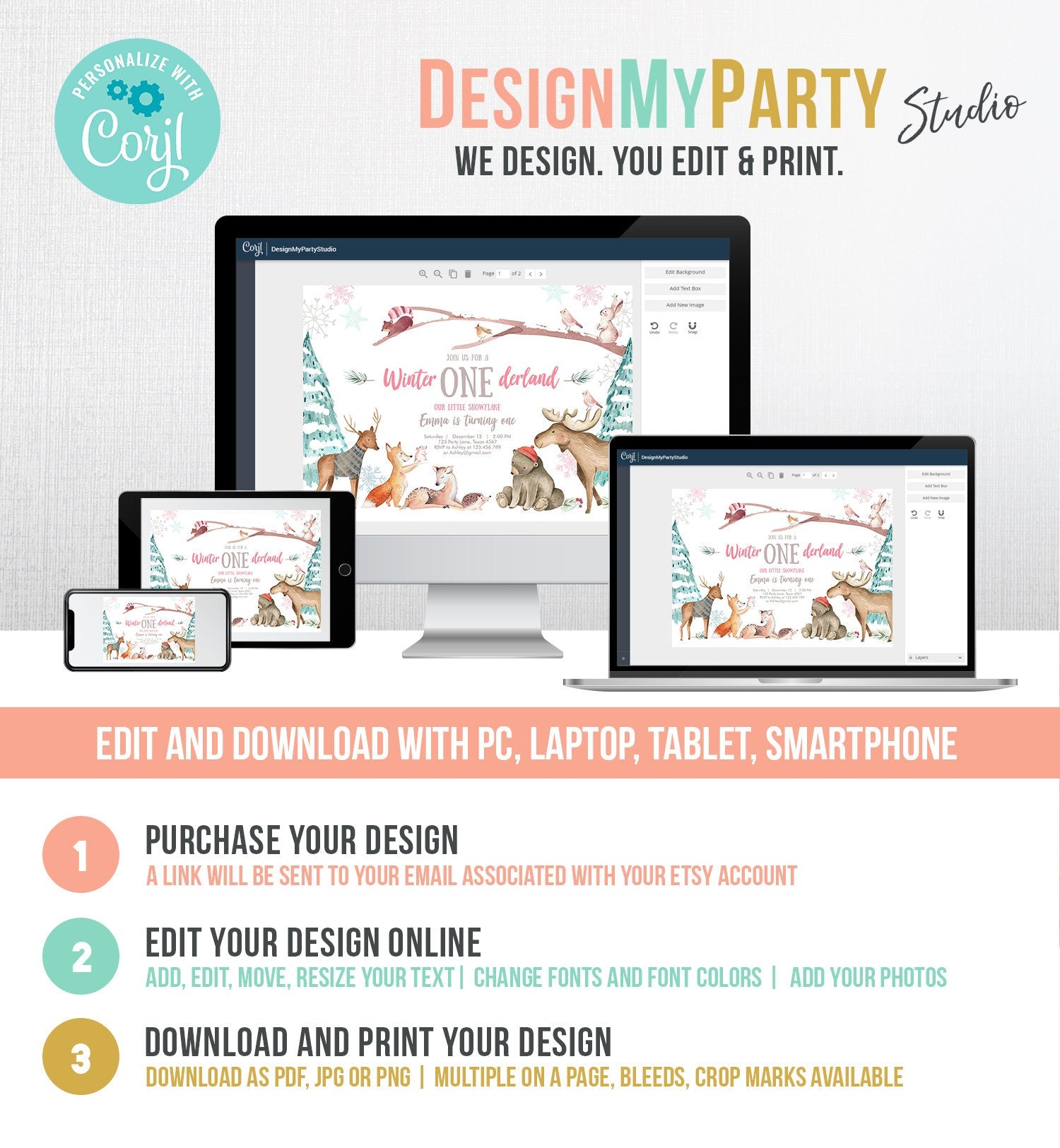 Editable ANY AGE Winter ONEderland Birthday Invitation Winter Wonderland Snowflake Girl Pink Woodland Animals Printable Template Corjl 0195