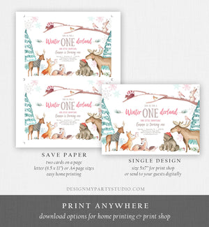 Editable ANY AGE Winter ONEderland Birthday Invitation Winter Wonderland Snowflake Girl Pink Woodland Animals Printable Template Corjl 0195