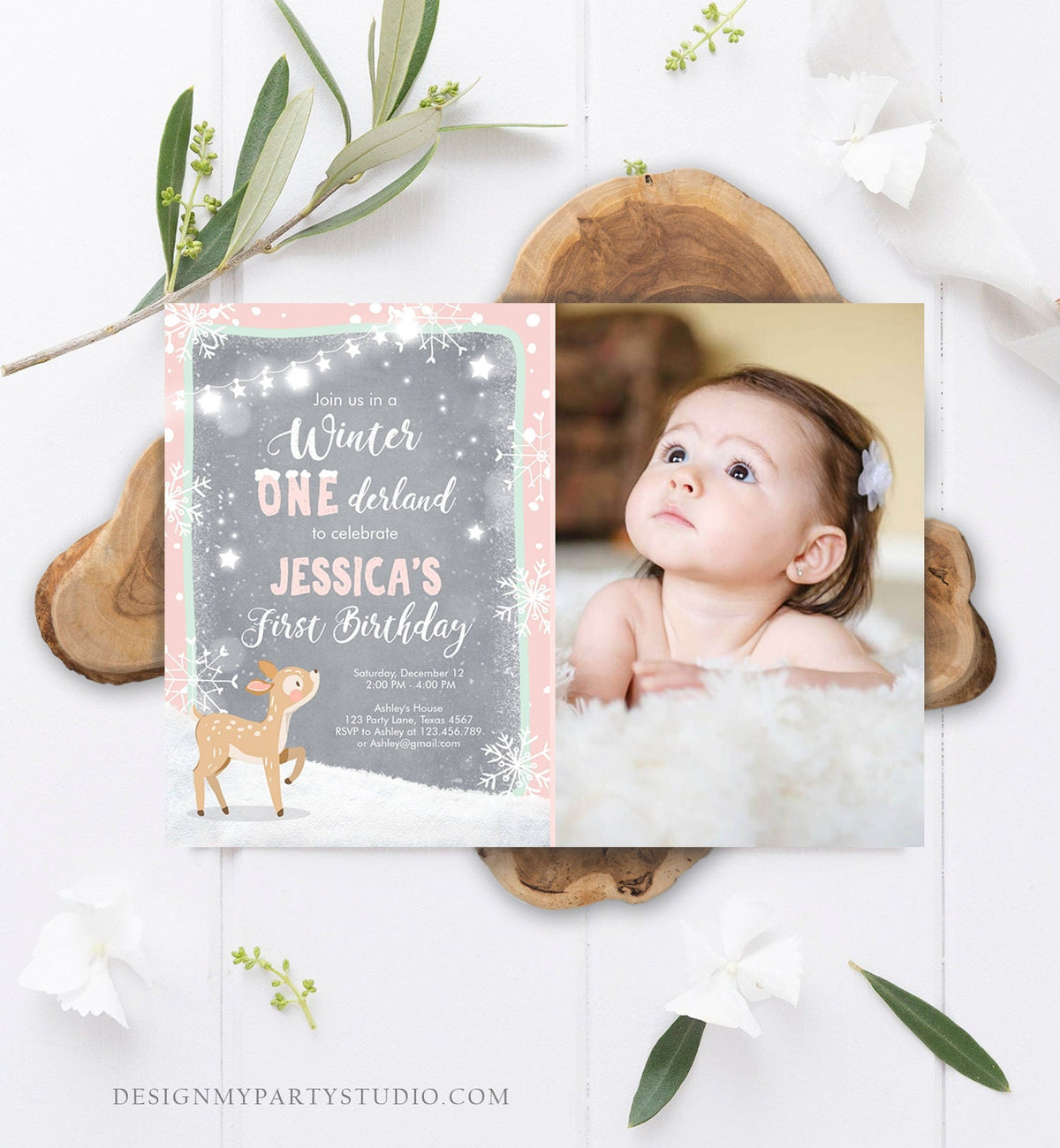 Editable Winter ONEderland Birthday Invitation First Birthday Snowflake Girl Pink Mint Grey Deer Printable Invitation Template Corjl 0109