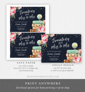 Editable Traveling from Miss to Mrs Bridal Shower Invitation Pink Floral Navy Gold Globe Suitcases Download Printable Corjl Template 0030