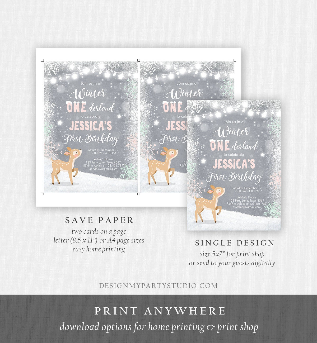 Editable Winter ONEderland Birthday Invitation First Birthday Snowflake Girl Pink Mint Grey Deer Printable Invitation Template Corjl 0109