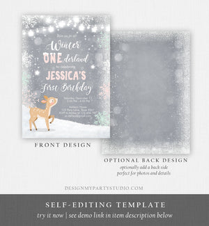 Editable Winter ONEderland Birthday Invitation First Birthday Snowflake Girl Pink Mint Grey Deer Printable Invitation Template Corjl 0109