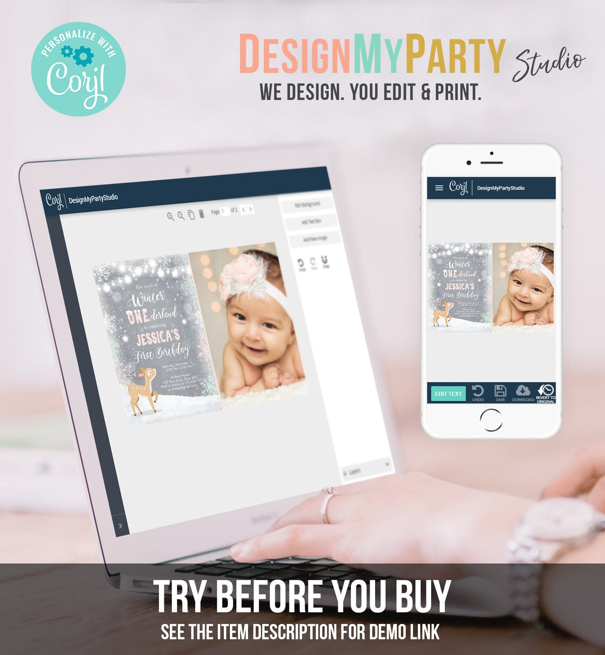 Editable Winter ONEderland Birthday Invitation First Birthday Snowflake Girl Pink Mint Grey Deer Printable Invitation Template Corjl 0109